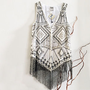 Haute Hippie Beaded Fringe Vest Swan White NWT